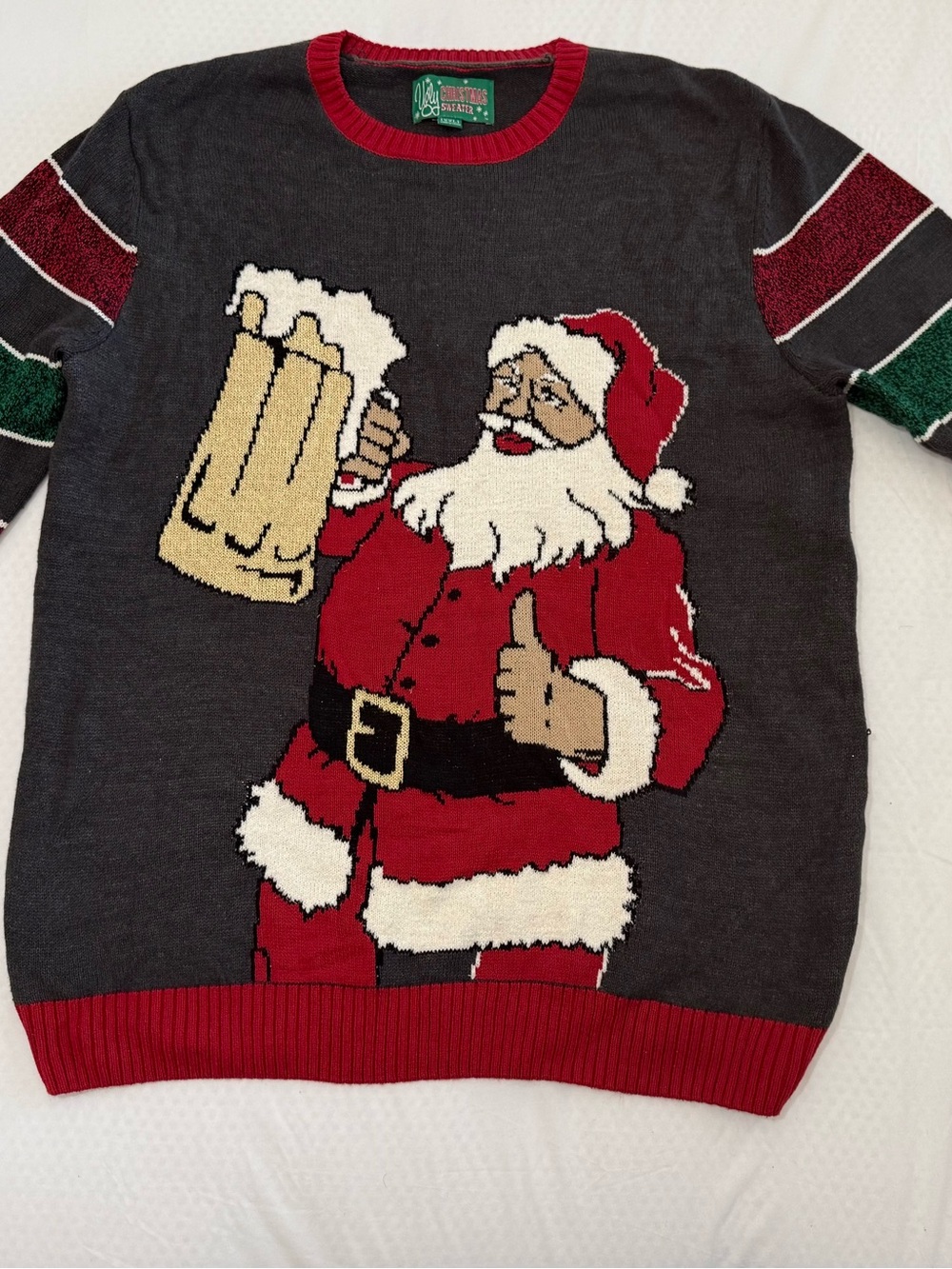 Ugly Christmas Sweater Santa with Beer in Red, Gray, Cream, Green